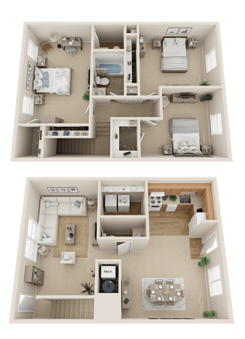 Meadows at Green Tree Apartments 3 Bedroom 2 Bath Floor Plan